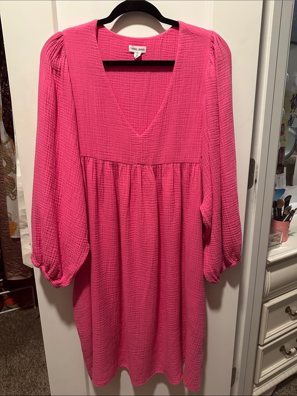 Tribal Hot Pink V-Neck Long Sleeve Dress
